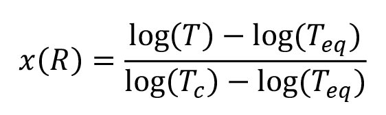 x(R) = (log(T) - log(Teq))/(log(Tc) - log(Teq))
